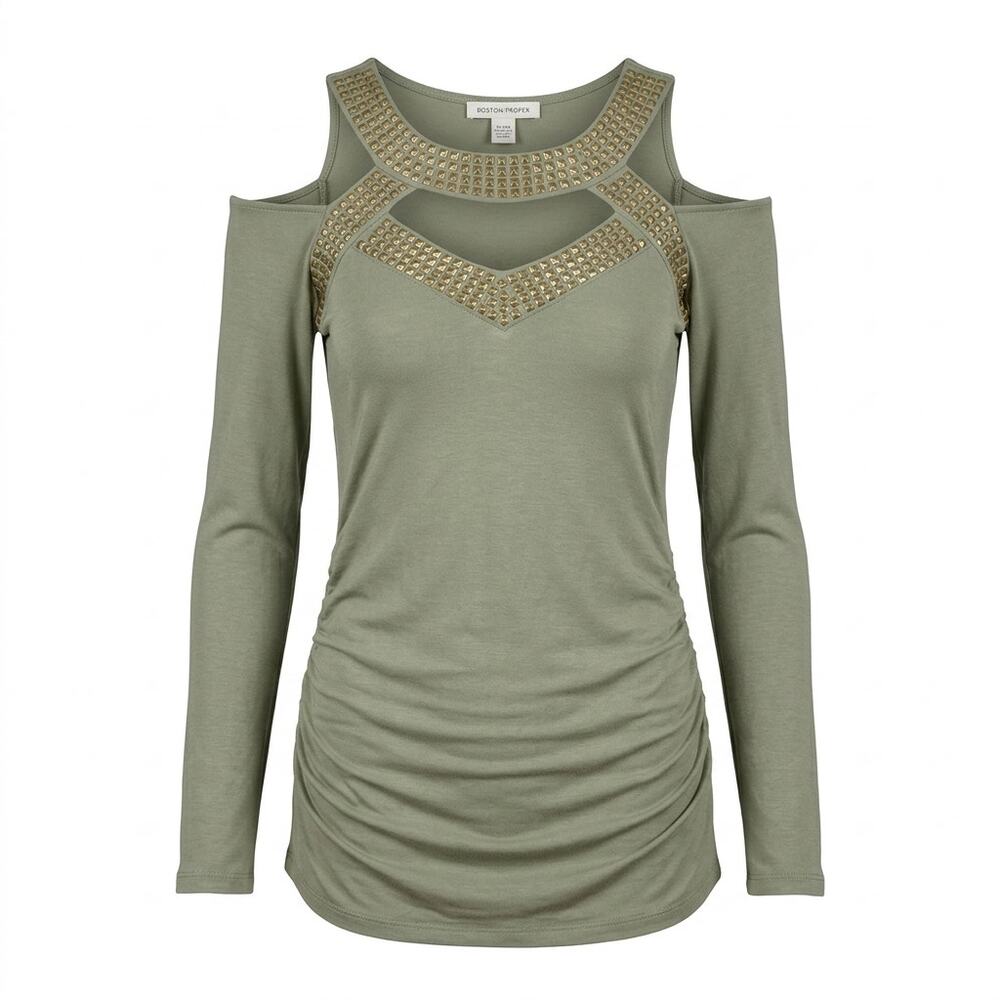 Boston Proper Green Studded Cold Shoulder Ruched Top Women Size XS